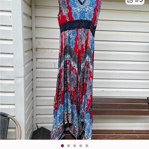 Bila Red and Blue Patterned Maxi Dress BOHO M Hanker-chief hem